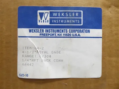 Weksler Instruments 04-Z 4-1/2" Royal Gauge 0 - 30 PSIG AA442 1/4" NPT Back New