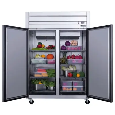 New | in-Stock Dukers New Dukers D55AR Commercial Solid 2-Door Top Mount Refrigerator in Stainless Steel Refrigerators Illinois US | Falcon Restaurant Supply #1376329
