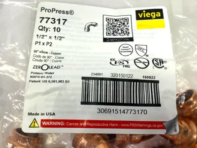 New | in-Stock Viega ProPress 90° Elbow, Copper, Press Conn. 1/2" x 1/2" PACK OF 10 Plumbing Equipment Michigan US | Maverick Industrial Sales #1483162