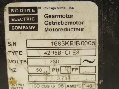 Bodine 42R5BFCI-E3 Gearmotor 30:1 Ratio 1/6Hp 47 RPM 230V 50Hz Parallel Shaft