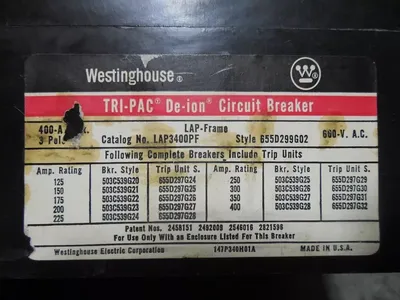 Westinghouse LAP3400PF Tri-Pac Circuit Breaker 400A Frame 225A Trip Used