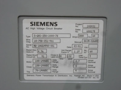 Used Siemens 05-GMI-350-3000-78 Circuit Breakers Ohio US | Equipment Recovery Corp. #1329702