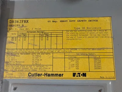 60A Cutler Hammer DH362FRK Fusible Safety Switch 600VAC 3R Enclosure Used