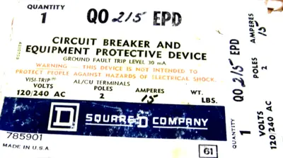 NEW SQUARE D QO215EPD CIRCUIT BREAKER 120/240AC 2 POLES 15 AMP
