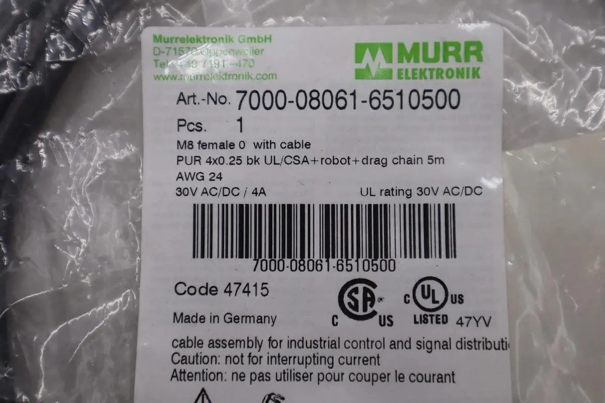 NEW MURR 7000-08061-6510500 M8 FEMALE 0° WITH CABLE STOCK K-3959