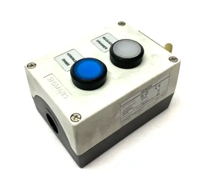 USED SIEMENS PLASTIC ENCLOSURE W/ BLUE & WHITE LED PUSHBUTTONS