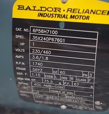 NEW BALDOR 6P56H7100 MOTOR 60 HZ 3 PH. 1740 R.P.M. 1 H.P. W/ BRAKE 46BK0104B01