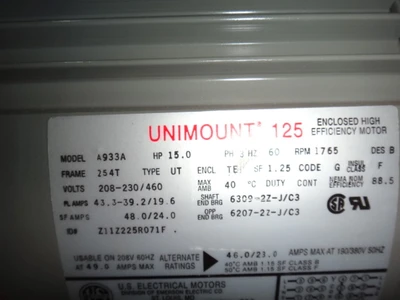 U.S. Motors 15 hp, 1765 rpm, 254T frame motor