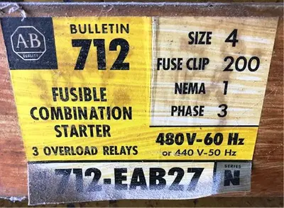 NEW ALLEN BRADLEY COMBINATION FUSIBLE STARTERS 480 VOLTS, 60 HZ. 712-EAB 27