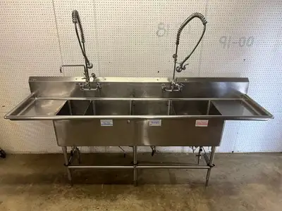 Used Falcon Restaurant Supply Used 108" Stainless 4 compartment Sink with 2 Sprayers and Twist Drains - FG Sinks Illinois US | Falcon Restaurant Supply #1374934