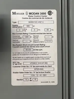 Modan 3000 VFD MCC, 600V, 3-Ph, 1200A, 15 Sections