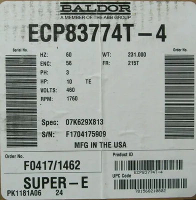 NEW BALDOR ECP83774T-4 MOTOR 10HP 460V 215T 07K629X813 1-3/8" DIA.