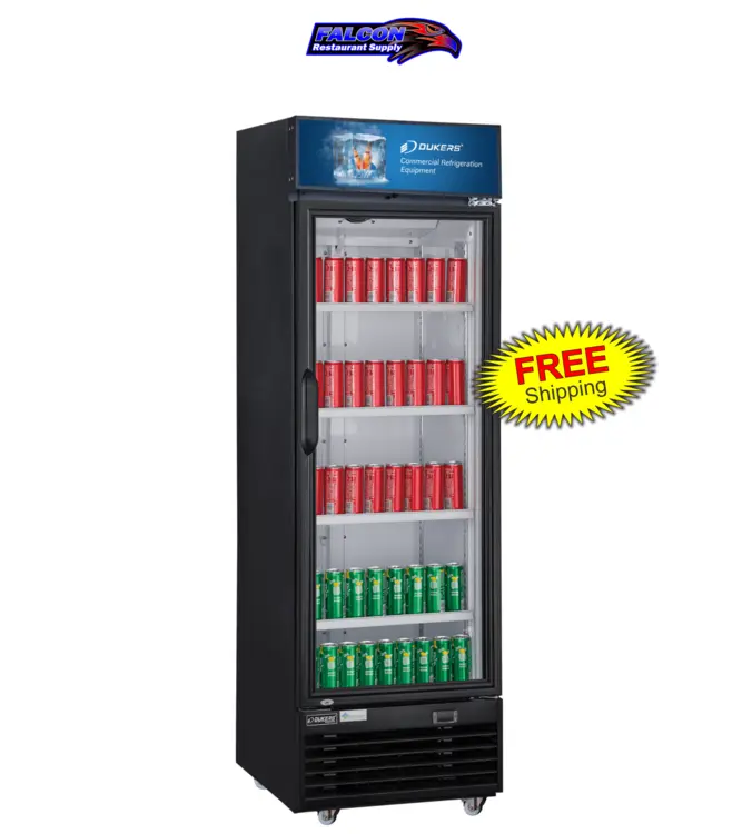 New | in-Stock Dukers New Dukers DSM-19R Commercial Single Glass Swing Door Merchandising Reach-in Cooler Refrigerator Display Refrigerators Illinois US | Falcon Restaurant Supply #1376386