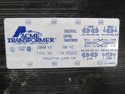 Acme TA-83222 240/480V Pri 120/240V Sec Transformer 2000VA 60Hz