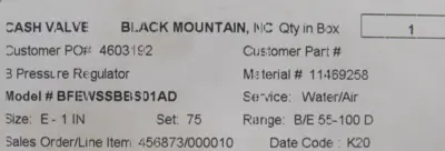 NEW CASH VALVE BFEWSSBBS01AD PRESSURE REDUCING VALVE 1" 55-100PSI SET 75PSI