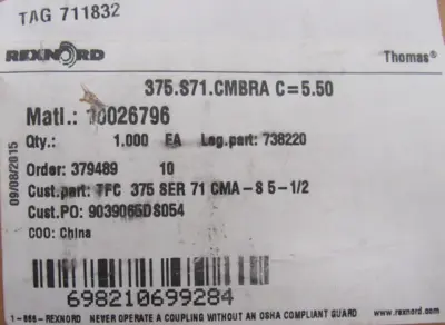 NEW REXNORD 10026796 COUPLING SPOOL 375.S71.CMBRA C=5.50 738220