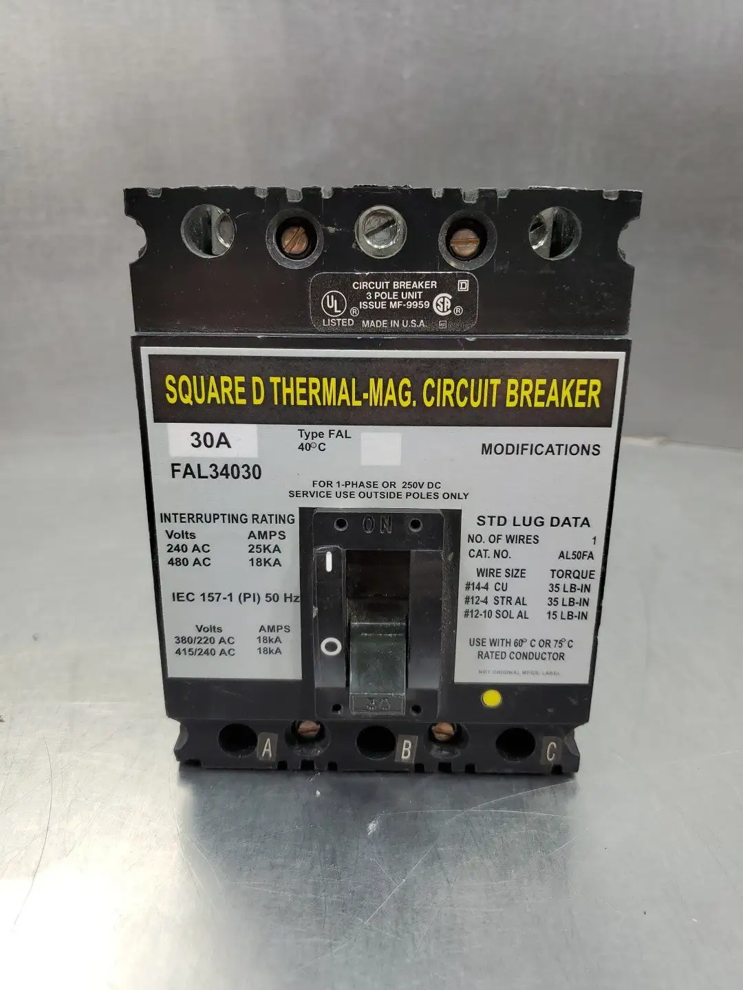 Used Square D FAL34030 Thermal-Mag Circuit Breaker, 30A, 480VAC Circuit Breakers South Carolina US | Palmetto Automation #1150375