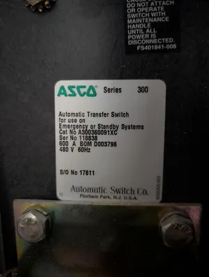 ASCO A300360091XC Automatic Transfer Switch 600A 480V 3Ph 4 Wire Used