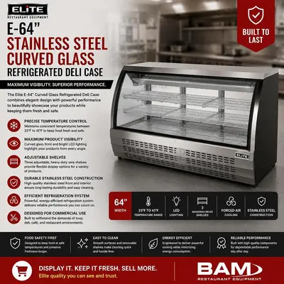 Elite - E- 64" Stainless Steal Curved Glass Refrigerated Deli Case