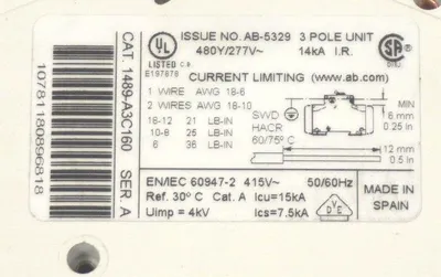 NEW ALLEN BRADLEY 1489-A3C160 SER. A MINIATURE CIRCUIT BREAKER 1489A3C160