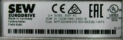 NEW SEW EURODRIVE MFP32D/MM07D-503-00/Z28J1/AF0 INTERFACE MM07D-503-00 0.75KW