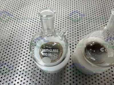 USED LOT OF 2- CHEMGLASS 500ML SINGLE NECK RBF, 24/40 OUTER JOINT