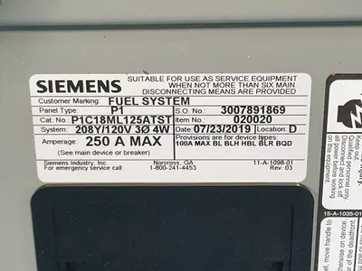 Used 2019 SIEMENS P1C18ML125ATST Electrical Panels Ohio US | HGR 24 #1280594