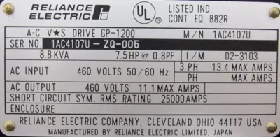 NEW RELIANCE DRIVE 1AC4107U AC DRIVE GP-1200 7.5HP