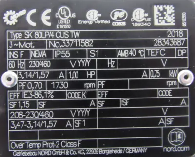 NEW NORD SK12-80LP/4 CUS TW GEARMOTOR 18.79:1 1HP SK80LP/4 CUS TW