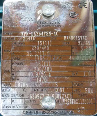 NEW BROOK CROMPTON WPN-DA254TSN-4C MOTOR 15HP 230/460V BA4N015V4C