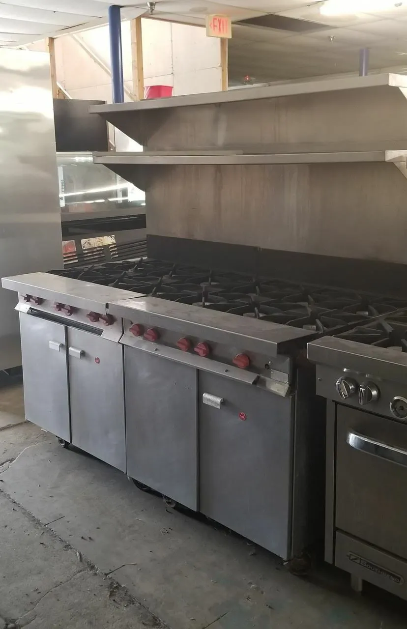 75-0234 Vulcan GH6 12 Burner Gas Range w/ Cabinets and Overhead Shelves