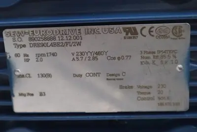 Sew Eurodrive DRE90L4BE2/FI/2W 60Hz RPM 1740 HP 2.0 3 PHASE MOTOR STOCK M-158