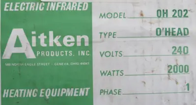 NEW AITKEN 0H-202 INFRARED HEATER 240V 1PH 2KW 0H202