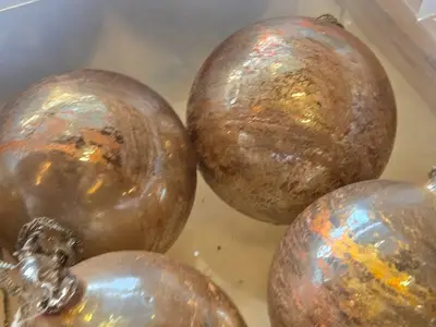 Lot of (11) 6" Mercury Glass Colored Filigree Leaf Ball Ornaments (gold/bronze)