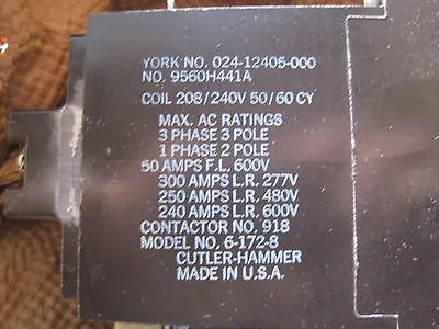 NEW CUTLER HAMMER YORK 024-12405-000 CONTACTOR 02412405