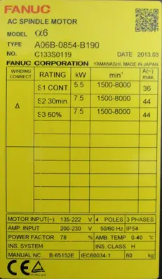 NEW FANUC A06B-0854-B190 SPINDLE MOTOR A06B0854B190