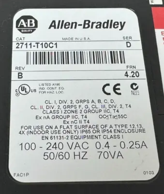 USED ALLEN BRADLEY 2711-T10C1 PANELVIEW 1000 SER. D REV. B FRN: 4.20