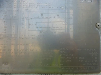 3750 KVA GE Silicone Transformer, 13.8KV Pri, 2400Y/1385V Sec