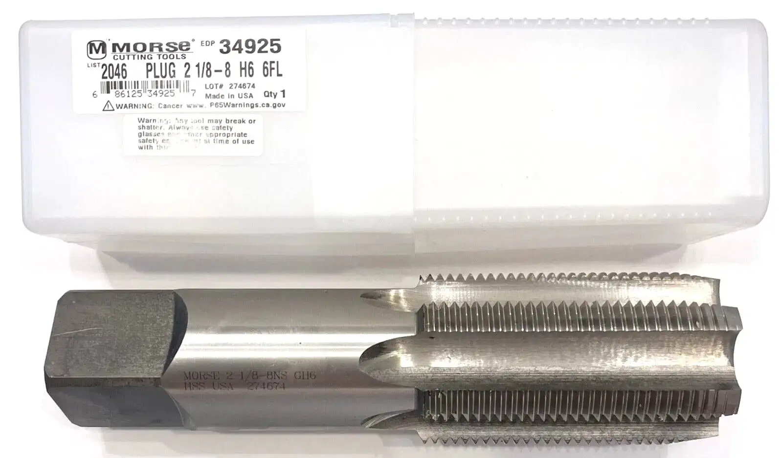 Morse 2-1/8"-8 HSS Hand Tap 6 Flute H6 Plug Tap USA Made 34925