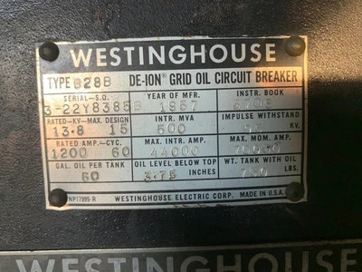 Westinghouse B-28-B Oil Circuit Breaker 1200A, 6900V, 125V Trip