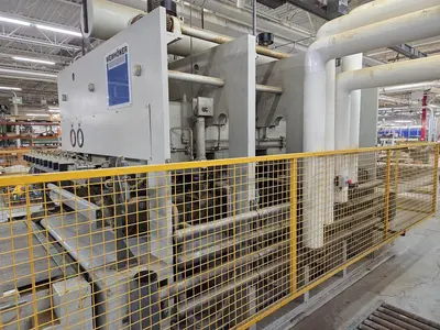 WEMHONER 5’ x 10’ SINGLE-OPENING SHORT-CYCLE FEED-THROUGH HOT PRESS WITH AUTOMATIC MATERIAL MEASURING/PRESSURE SYSTEM