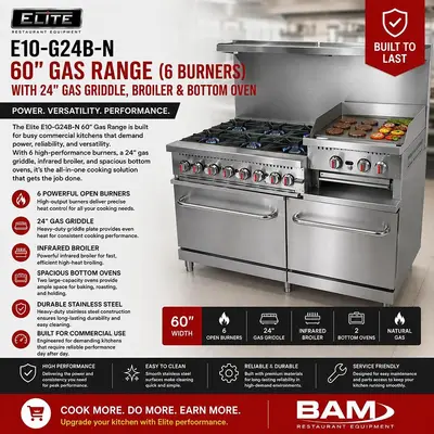 ELITE E10-G24B-N 60" Gas Range (6 Burners) with 24" Gas Griddle, Broiler & Bottom Oven