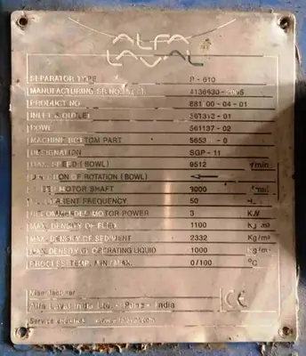 (6) Alfa-Laval P-610 SGP-11 lube oil purifiers, SS.