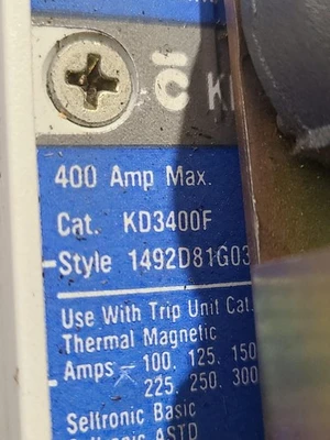 Westinghouse KD3400F 3 Pole Eaton Cutler Circuit Breaker 400 AMP