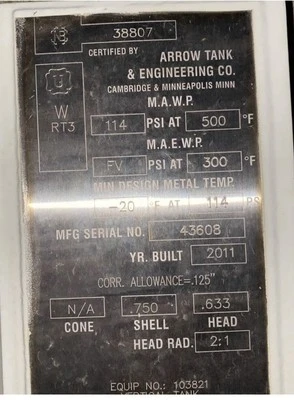 16,000 gallon Vertical Pressure Rated tank.   Mfg by Arrow 2011 Never used.