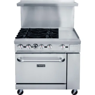 New | in-Stock Dukers New Dukers DCR36-4B12GM 36" Gas Range with Four (4) Open Burners & 12" Flat Top Griddle Commercial Ranges Illinois US | Falcon Restaurant Supply #1376280