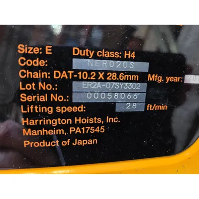 Used HARRINGTON HOISTS, INC. NER020S Hoists (All Types) West Virginia US | JM Industrial #1269567