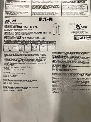 Eaton DG321UGB 30A Safety Disconnect Switch 240VAC 60Hz