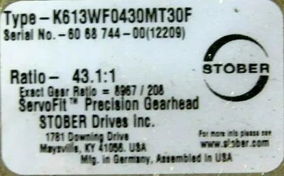NEW STOBER K613WF0430MT30F GEARHEAD 43.1:1