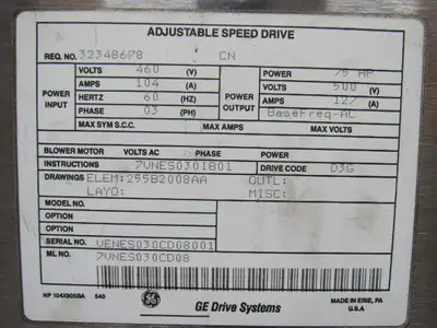 GE 7VNES030CD08 75HP Adjustable Speed AC Drive System In Cabinet 500V 127A